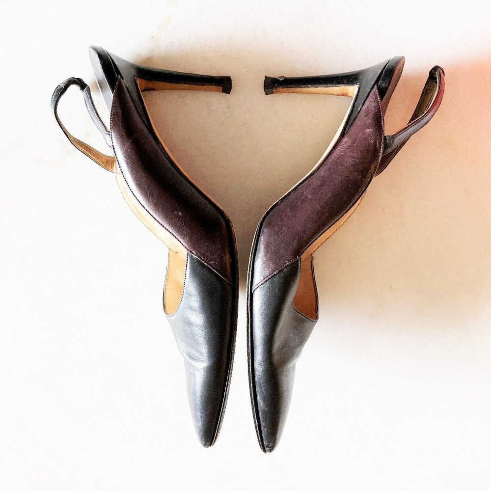 Manolo Blahnik black & brown leather slingback heels, pointed toes, stiletto - Picture 8 of 10